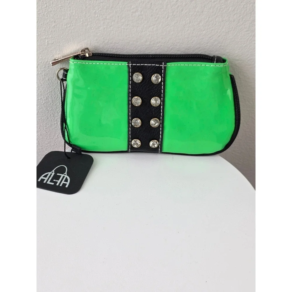 ALFA BAG Neon Green Rhinestone Studded Patent PU Leather Pouch NC461 GRN